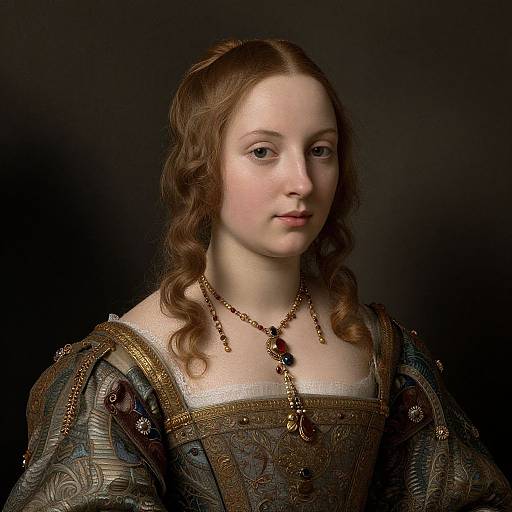 Renaissance-style portrait of a young woman with fair skin, brown wavy hair, wearing an ornate, patterned dress with gold embroidery,