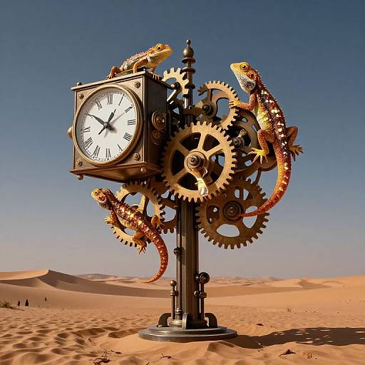 Photorealistic CGI of a steampunk clock with snakes entwined around gears, standing in a desert with sandy dunes and clear blue sky