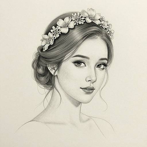 Black-and-white pencil drawing of a beautiful young woman with delicate features, wearing a flower crown, soft updo, and subtle smile.