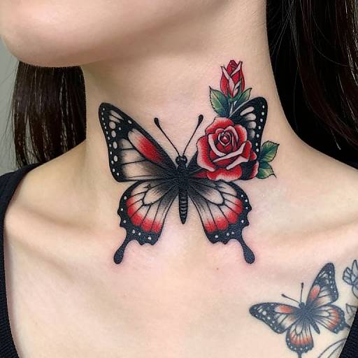 Photograph of a person's neck and upper chest, featuring a vibrant tattoo of a black and red butterfly with a red rose, and a smaller butterfly
