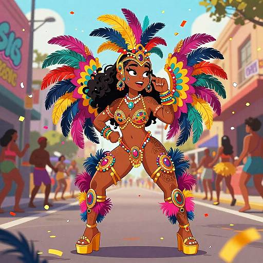 Digital illustration of a vibrant, dark-skinned woman in colorful Carnival attire with feathered headdress, jewelry, and platform heels, confidently dancing on a