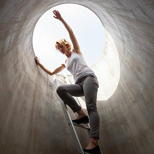 Woman Climbing Ladder in Concrete Tunnel