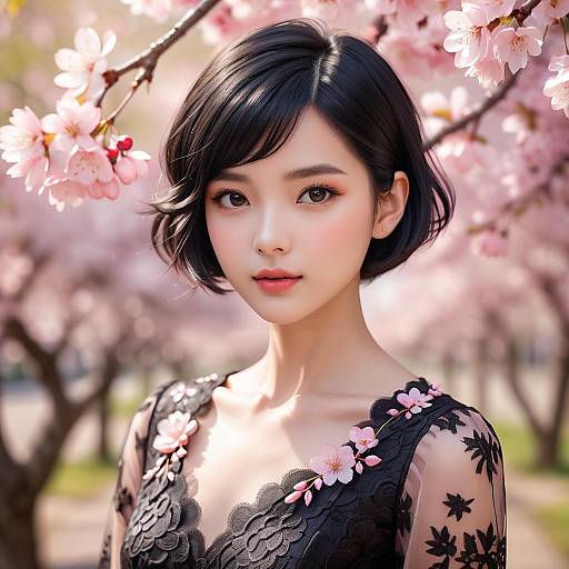 Realistic Cherry Blossom Portrait in Lace