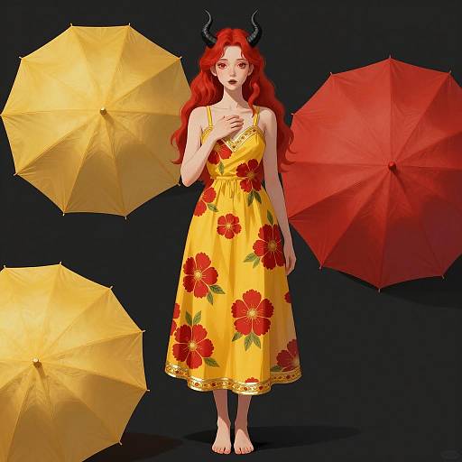 Enigmatic Maiden with Red Floral Dress