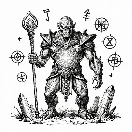 Black-and-white ink drawing of a muscular, armored warrior with a skull helmet, holding a staff with a glowing orb, surrounded by magic symbols and broken
