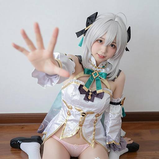 Playful Cosplay Woman Reaching Forward