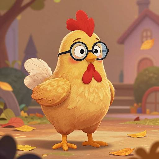 Digital cartoon of a yellow chicken with red comb, round glasses, and puffed-out feathers, standing on a leafy suburban street.