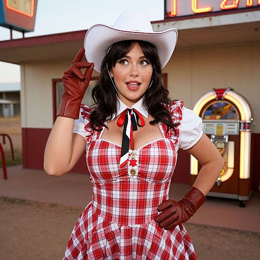 Photograph of a curvy woman in a red and white plaid dress, white cowboy hat, brown gloves, and white blouse, posing outdoors in