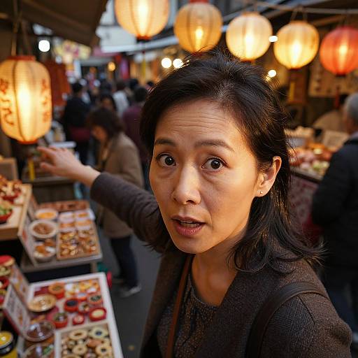 Photograph of an Asian woman with black hair, wide eyes, and dark sweater, standing in a bustling night market with warm, hanging lanterns and