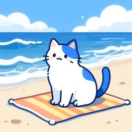 Digital drawing of a white and blue cat with a blue tail, sitting on an orange-striped beach towel on a sunny beach with blue ocean and white clouds