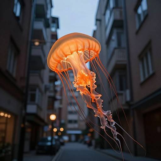 Photograph of a glowing orange jellyfish with long, wavy tentacles floating in a narrow, dimly lit urban alleyway.