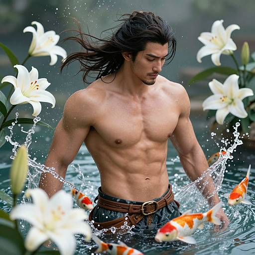 Muscular, shirtless Asian man with long black hair emerging from water, surrounded by splashing koi fish and white lilies. Photorealistic