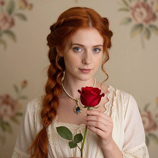 Photograph of a fair-skinned, red-haired woman with blue eyes, wearing a white lace dress, pearl necklace, and floral background, holding a