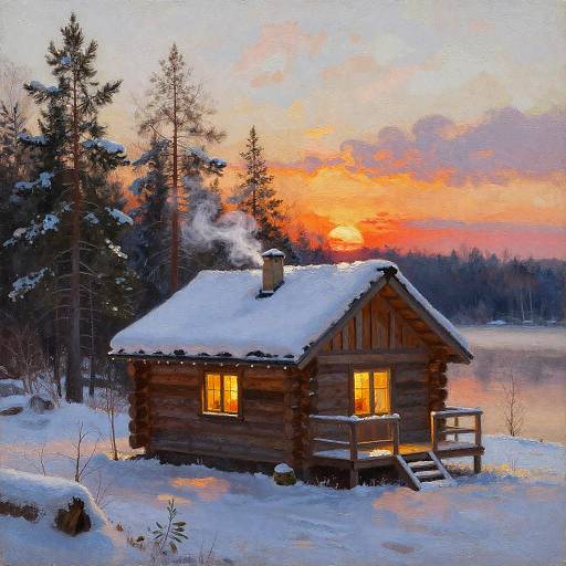 Cozy Snowy Log Cabin at Sunset