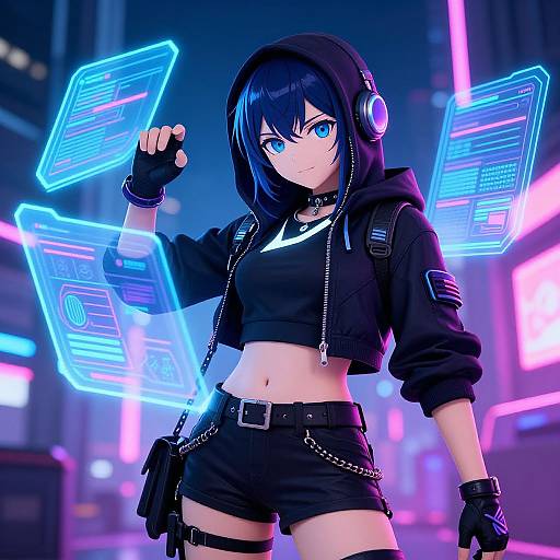 Digital anime-style artwork of a blue-eyed, black-haired girl in a black hoodie, gloves, and shorts, with neon holograms and futuristic cityscape