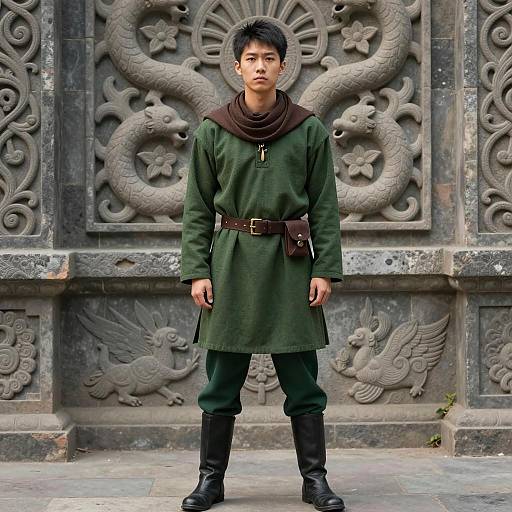 Young Asian Man in Medieval-Style Costume Standing Outdoors