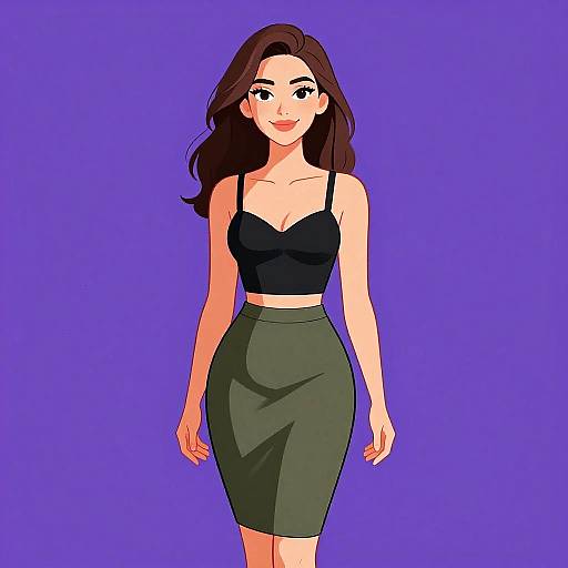 Digital anime-style drawing of a smiling woman with long brown hair, wearing a black crop top and green skirt, against a solid purple background.