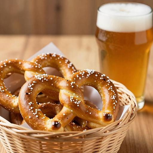 Photograph of golden-brown, sesame-seeded pretzels in a wicker basket, with a frothy beer glass in the background. Warm