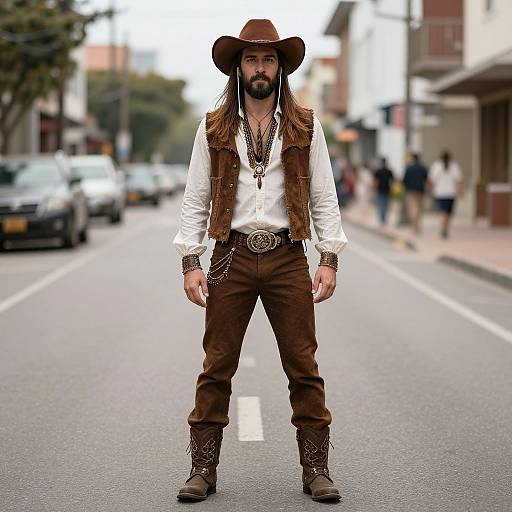 Photograph of a bearded man with long brown hair, wearing a brown cowboy hat, white shirt, brown vest, brown pants, and boots,