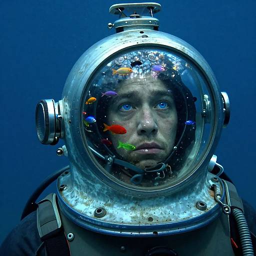 Photograph of a serious-faced man in a silver space helmet with a clear dome, inside which colorful fish swim against a blue background.