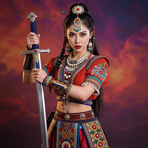 Photograph of an Asian woman in ornate traditional attire, holding a sword, with intricate jewelry, against a dramatic, colorful sunset background.
