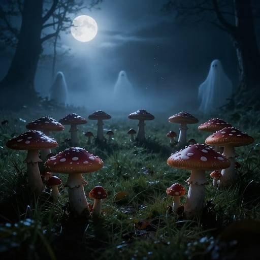 Midnight forest scene with glowing moon, red-spotted mushrooms, and ghostly figures in misty, blue-tinged woods. Digital art.