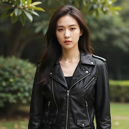 Confident Woman in Black Leather Jacket Outdoors