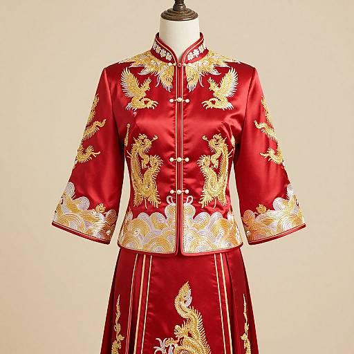Photograph of a red Chinese silk dress with gold dragon embroidery, featuring a high collar, buttoned front, and flared sleeves on a manne