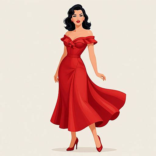 Digital illustration of a curvy woman with black wavy hair, wearing an off-shoulder, red, flowing dress and matching red high heels,