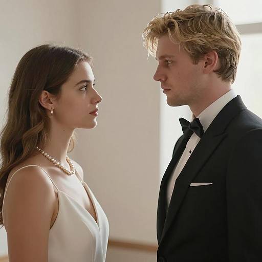 Young Couple in Formal Attire Facing Each Other