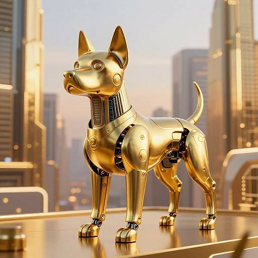 Photorealistic CGI of a shiny, golden robotic dog with mechanical joints and collar, standing on a rooftop in a sunlit, futuristic cityscape with