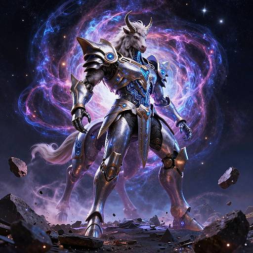 Digital artwork of a muscular, armored, horned horse-man standing on rocky terrain, surrounded by swirling purple and blue cosmic energy.