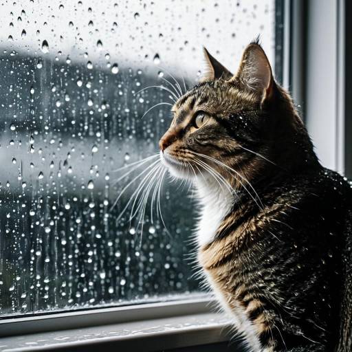 Tabby Cat Looking Through Rainy Window