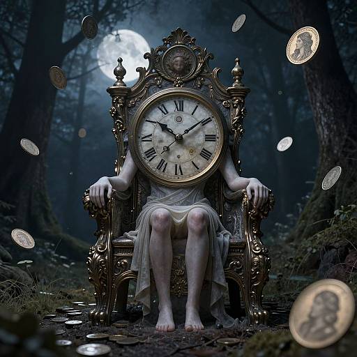 Photograph of a person with pale skin, bare feet, and white draped cloth, sitting on an ornate gold clock chair in a dark, moon