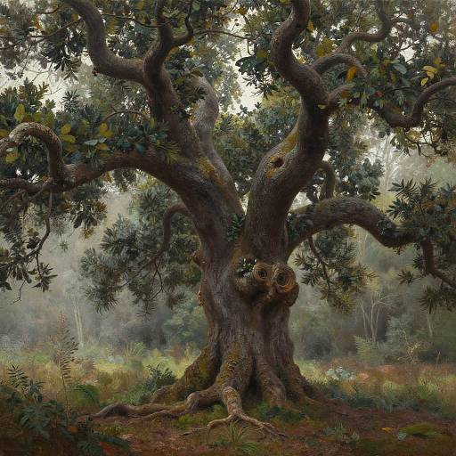 Ancient Oak Tree in Foggy Grove