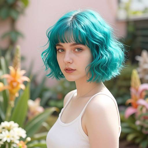 Photograph of a young woman with teal, wavy bob hair, wearing a white tank top, standing in a vibrant garden with colorful flowers.
