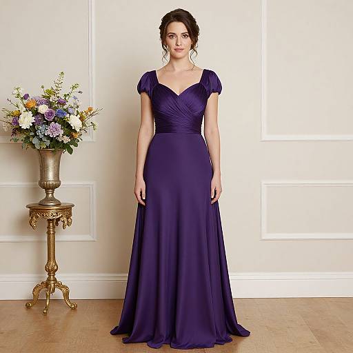 Photograph of a woman in a deep purple, V-neck, short-sleeve evening gown standing in front of a white-paneled wall, with