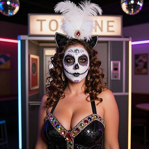 Photograph of a woman with curly brown hair, white face paint, black cat ears, and white feathered hat, wearing a glittery black dress