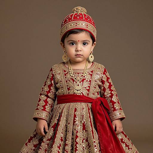 Photograph of a young Indian girl in an elaborate red and gold traditional dress and headpiece, wearing gold jewelry, with a neutral brown background.