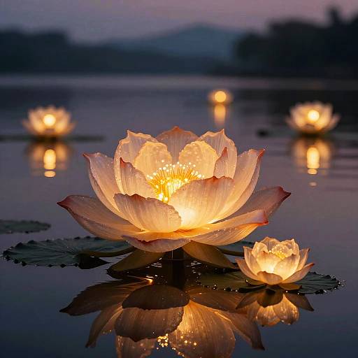Glowing Lantern Flowers Over Serene Lake