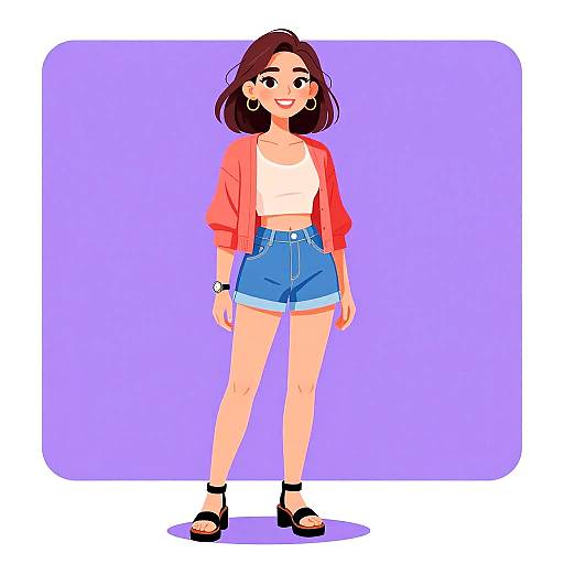 Digital drawing of a smiling young woman with medium-length brown hair, wearing a red cardigan, white crop top, blue high-waisted shorts,