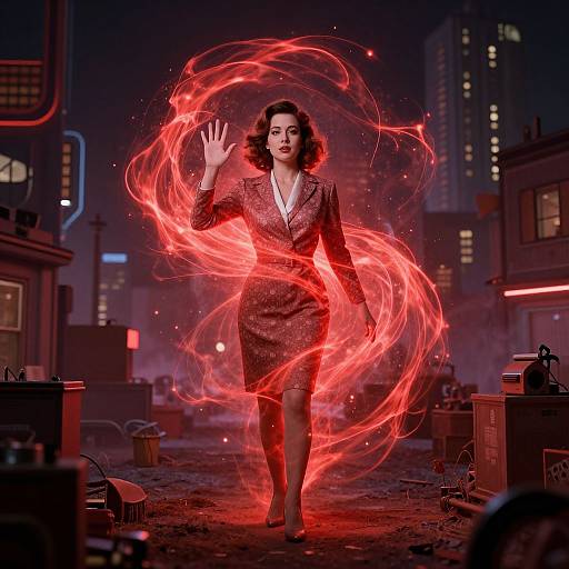 Photograph of a 1950s-style woman in a red plaid dress, surrounded by swirling red energy, standing in a dark, neon-l