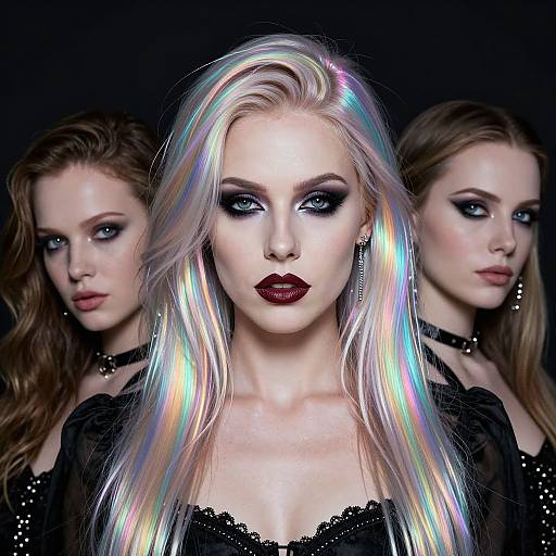 Photograph of a striking woman with iridescent blonde hair, dark lipstick, and dramatic eye makeup, flanked by two similarly styled women in black