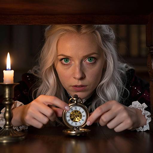 Photograph of a focused, blonde-haired woman with green eyes, wearing a dark dress with white lace, examining an antique clock under dim candlelight in