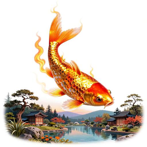 Fiery Golden Koi Above Zen Garden