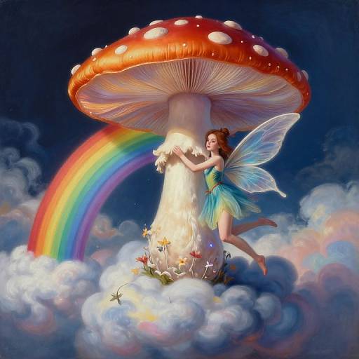 Fantastical digital artwork: fairy with blue wings and dress hugs giant red mushroom with white spots, rainbow arches above, surrounded by clouds and flowers