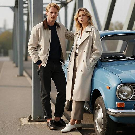 Couple by Blue Vintage Car on Bridge