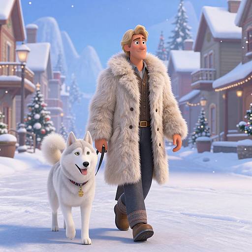 CGI image of a blonde man in a white fur coat walking a happy white dog on a snowy, festive street.