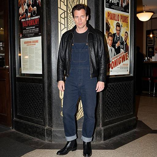 Photograph of a man with short dark hair, wearing a black leather jacket, black shirt, and denim overalls, standing in front of movie posters