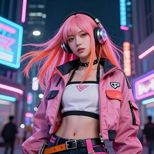 Cyberpunk anime girl with pink hair, headphones, pink jacket, white crop top, and black belt, standing in a neon-lit city street